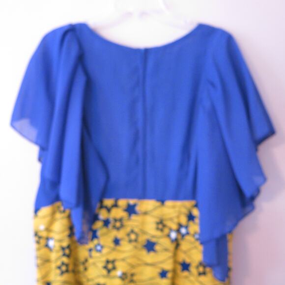 AFRICAN Handmade Ankara Dress Mid Length Short Sleeve Yellow Blue Gems Headwrap - Picture 5 of 11